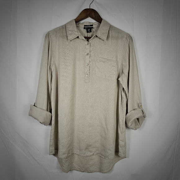 Jones & Co. NY Natural tan 100% Linen long sleeve blouse. 1/3Button - Picture 1 of 10
